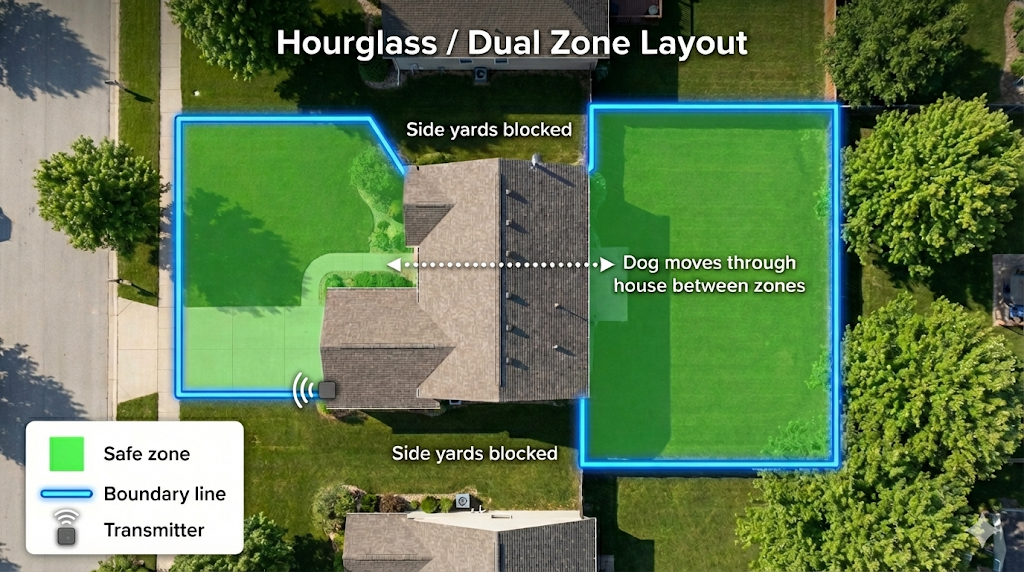 Hourglass dual zone layout with separate front and back yards