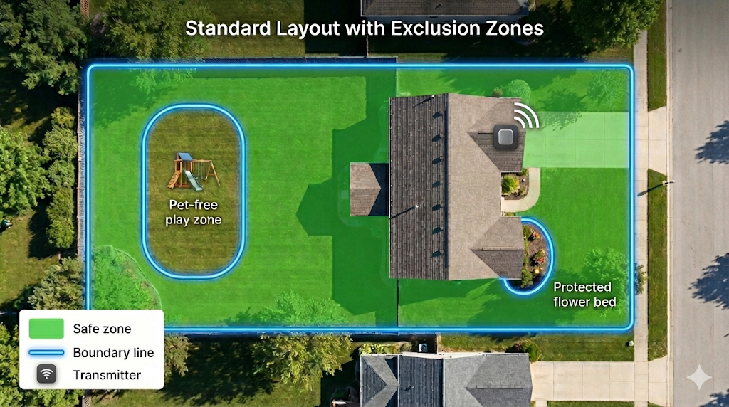 Layout with exclusion zones for garden and play area