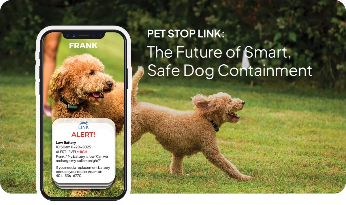Pet Stop LINK smart collar system with app showing dog monitoring