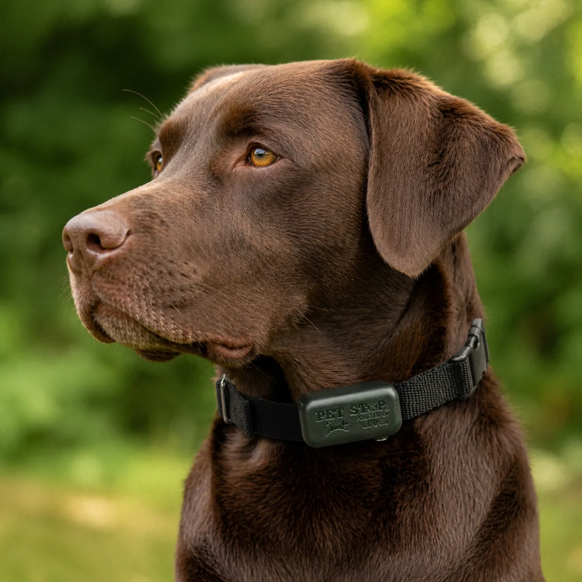 Chocolate lab wearing a LINK receiver collar