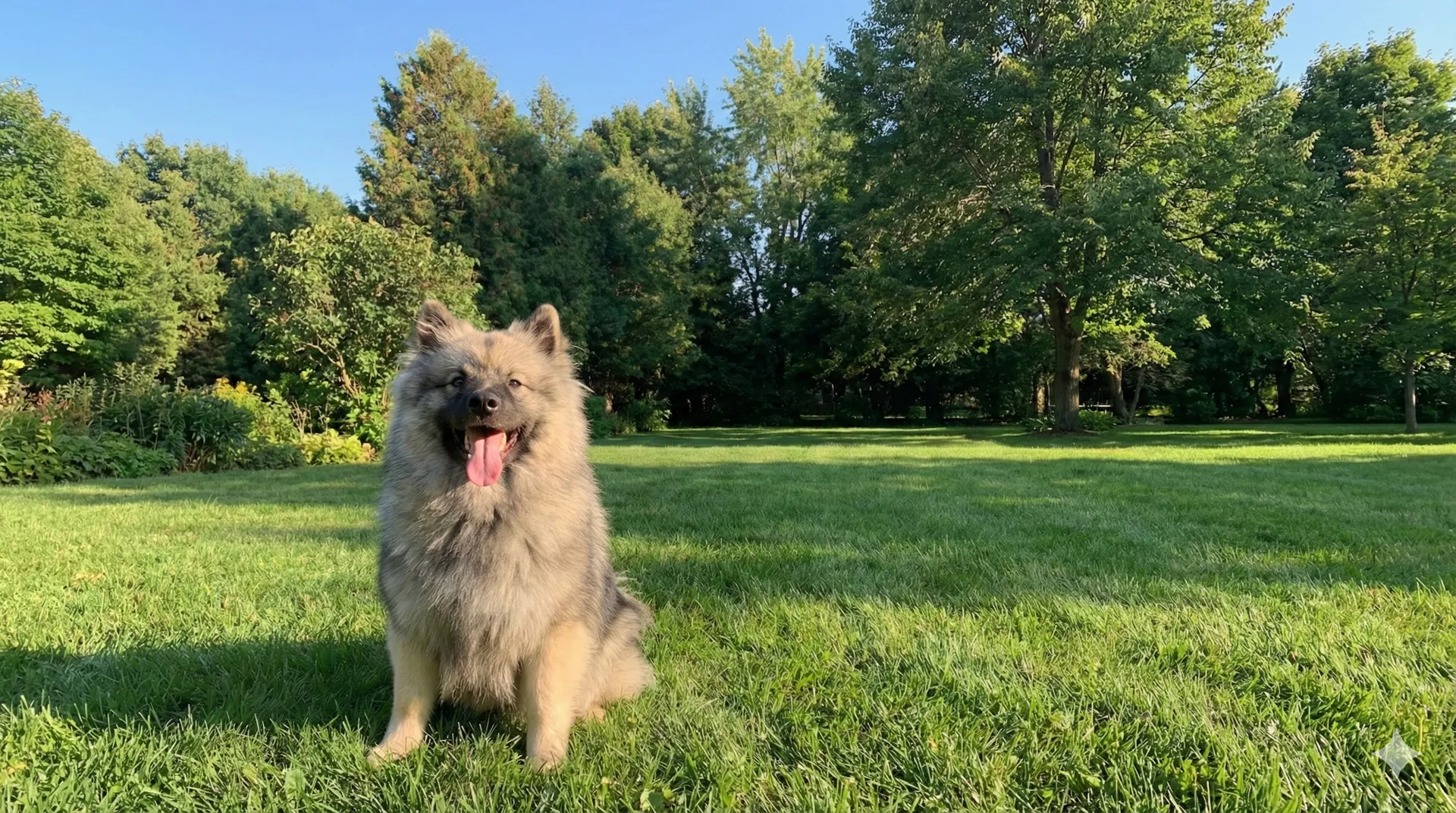 Fluffy dog sitting on a green lawn contained by an invisible dog fence