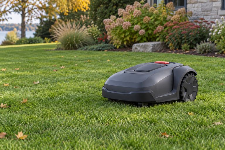 Illustration of a robotic lawn mower on a green residential lawn