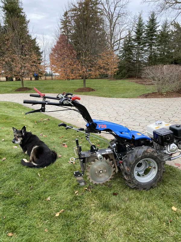 Wire burial trenching machine on lawn during invisible fence installation — Kitchener-Waterloo