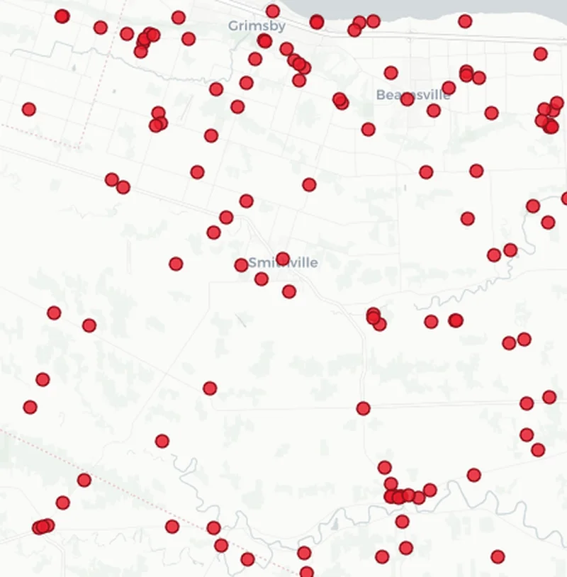 Map showing Dog Fence Ontario installations in the Smithville area