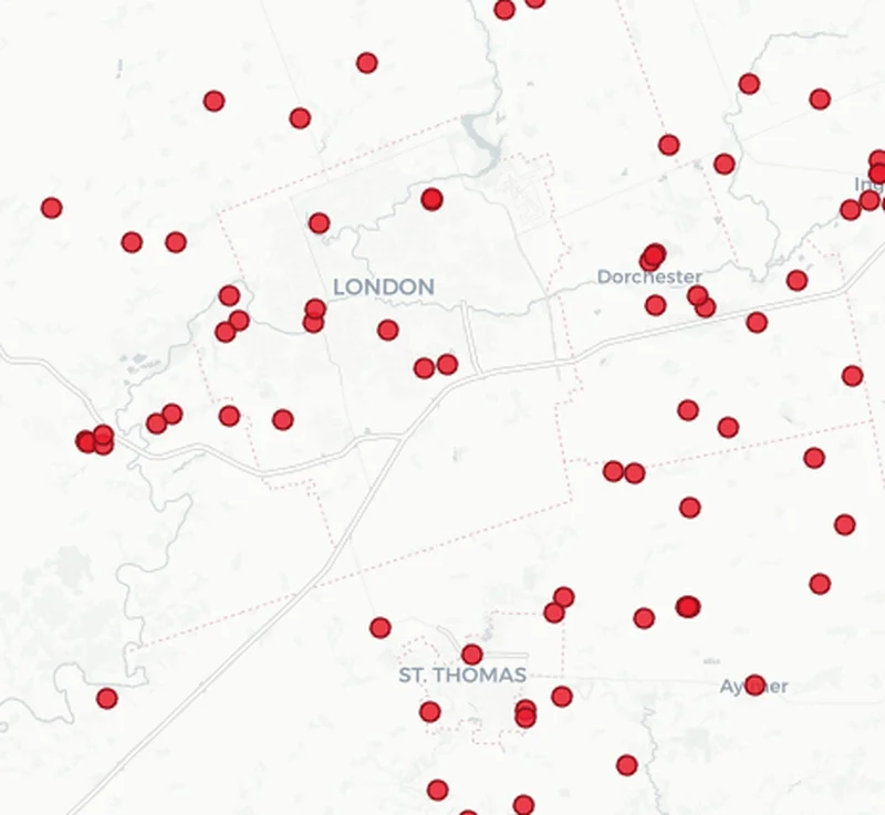 Map showing Dog Fence Ontario installations in the St. Thomas area