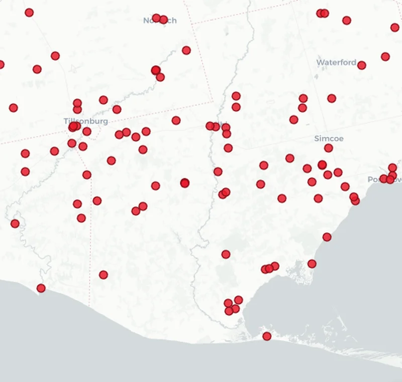Map showing Dog Fence Ontario installations in the Tillsonburg area