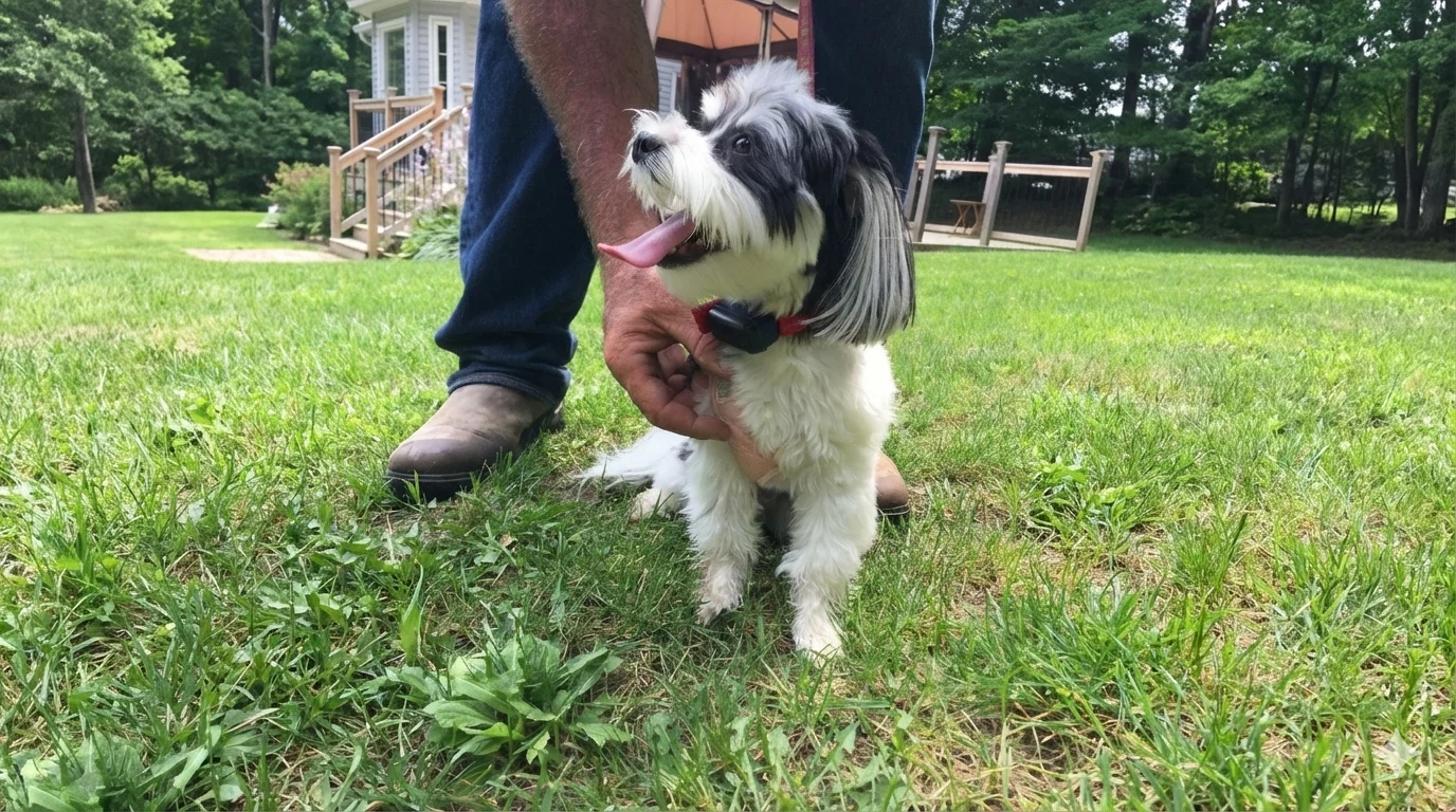 Happy dog playing outdoors after invisible fence training